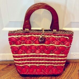 Straw Tote Red Beige Brown 100% Cornhusk Wooden Handles Fabric interior Pocket